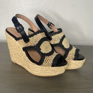 NWOT Robert Clergerie Woven Raffia Wedge Sandal in Natural/Black Sz 8 $550